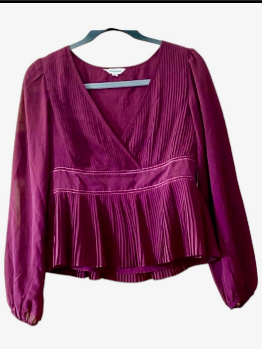 Lucky Brand NWT Burgundy Pleated Peplum Blouse Sheer Sleeve Top S
